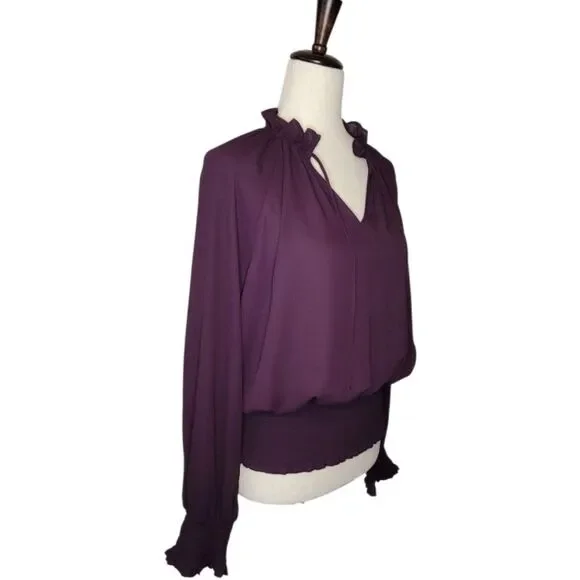 Worthington Deep Purple Split Ruffle Neck Elastic Smocking Raglan Blouse Size S - Picture 3 of 7